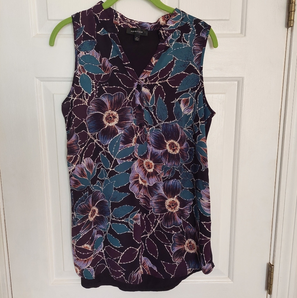Spense  sleeveless purples and green floral blouse size M